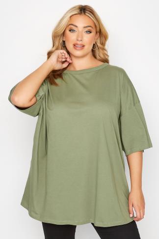 Plus Size Khaki Green Oversized Boxy T-Shirt | Yours Clothing