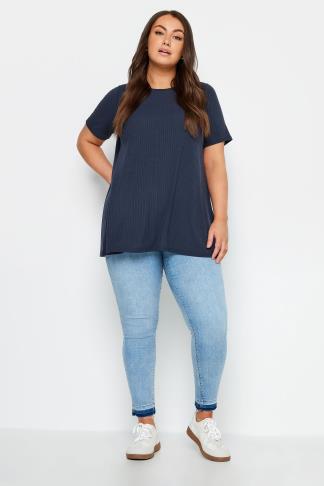 YOURS Plus Size Navy Blue Ribbed T-Shirt | Yours Clothing