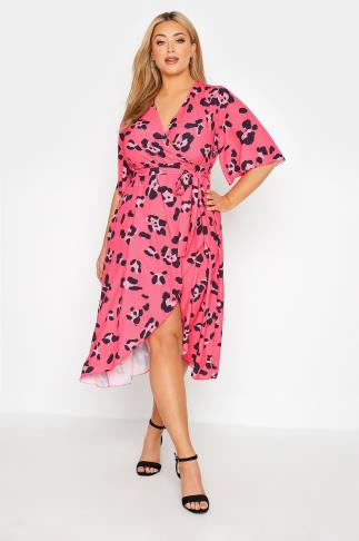 YOURS LONDON Plus Size Bright Pink Leopard Print Midi Wrap Dress ...