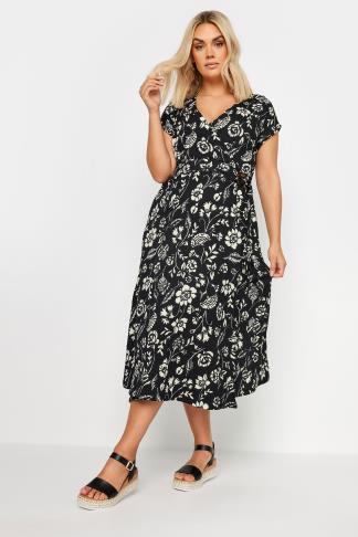 YOURS Plus Size Black Floral Print Textured Midi Dress | Yours Clothing