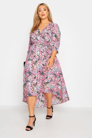 YOURS LONDON Plus Size Pink Puff Sleeve Floral Wrap Dress | Yours Clothing