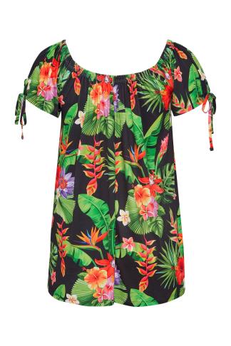 Plus Size Black Tropical Print Bardot Top | Yours Clothing