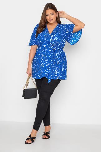 Plus Size Bright Blue Dalmatian Print Wrap Top | Yours Clothing