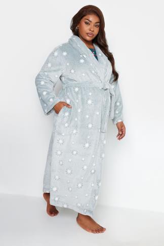 YOURS Plus Size Green Star Print Shawl Maxi Dressing Gown | Yours Clothing