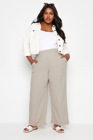 YOURS Plus Size Stone Brown Pull On Wide Leg Linen Trousers | Yours ...