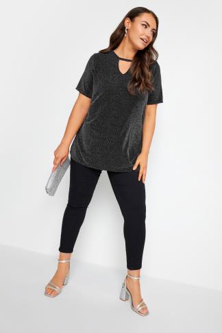 YOURS Plus Size Black Cut Out Neck Glitter Top | Yours Clothing