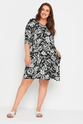 YOURS Plus Size Black & White Floral Print Pocket Dress | Yours Clothing