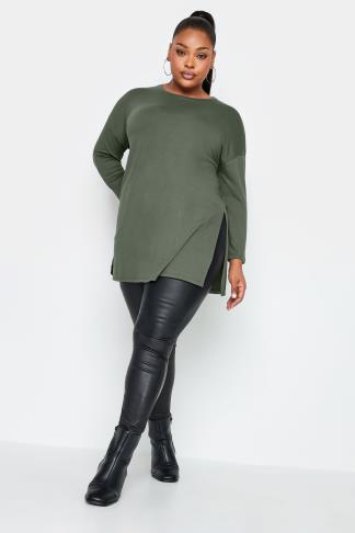 YOURS Plus Size Khaki Green Oversized Long Sleeve T-Shirt | Yours Clothing