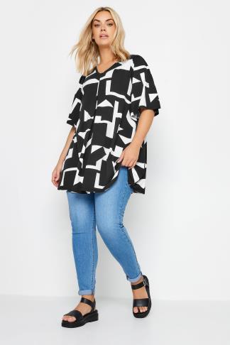 YOURS Plus Size Black Abstract Print Angel Sleeve Top | Yours Clothing