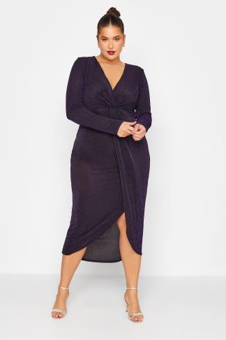 LTS Tall Women's Black & Purple Glitter Twist Wrap Midi Dress | Long ...