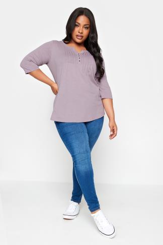 YOURS Plus Size Purple Pintuck Henley T-Shirt | Yours Clothing