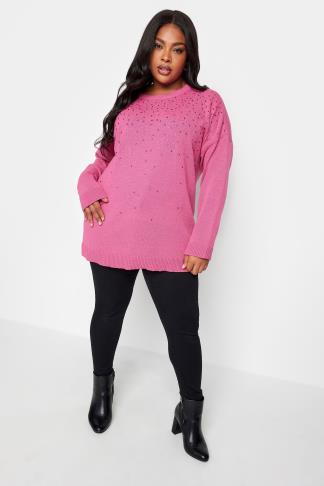 YOURS Plus Size Pink Embellished Knitted Jumper | Yours Clothing