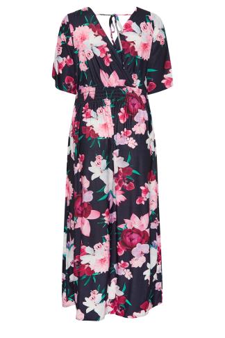 YOURS LONDON Plus Size Navy Blue Floral Shirred Maxi Dress | Yours Clothing