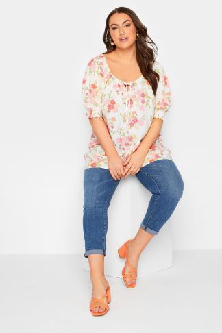 YOURS Plus Size White Floral Tie Front Top | Yours Clothing