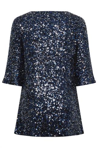 YOURS LONDON Plus Size Dark Blue Sequin Flute Sleeve Top | Yours Clothing
