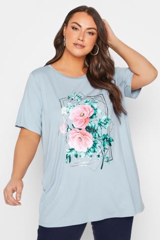 YOURS Curve Plus Size Light Blue Floral Foil Print T-Shirt | Yours Clothing