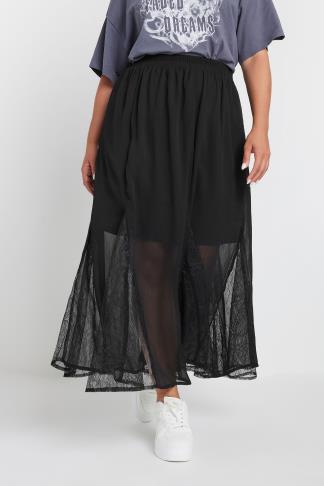 Plus Size Black Lace Godet Maxi Skirt