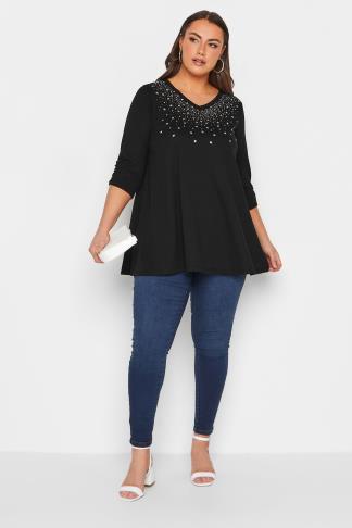 YOURS Curve Black Star Embellished Top | Yours Clothing