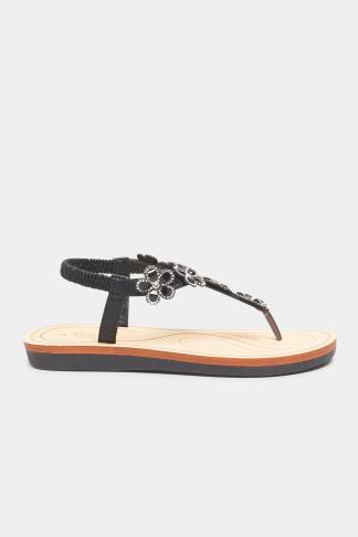 Black Shimmer Diamante Flower Sandals In Extra Wide Fit | Long Tall Sally