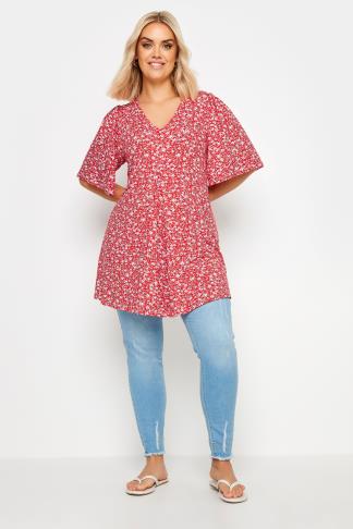 YOURS Plus Size Red Ditsy Floral Print Swing Top | Yours Clothing