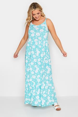 YOURS Curve Plus Size Blue Floral Tiered Maxi Sundress | Yours Clothing