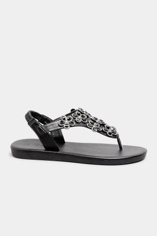 Plus Size Black Diamante Flower Sandals In Wide E Fit & Extra Wide EEE ...