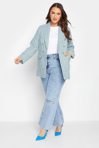 YOURS Plus Size Light Blue Check Boucle Blazer | Yours Clothing