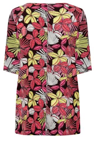 Plus Size Black Tropical Print Tie Neck Top | Yours Clothing