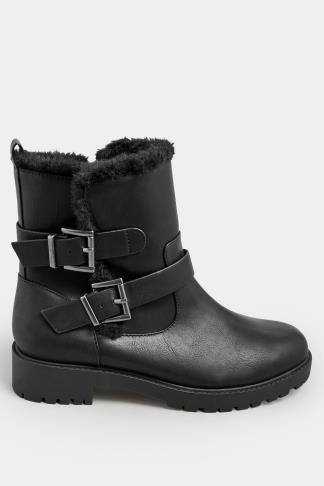 Black Faux Fur Lined Biker Boot In Wide E Fit & Extra Wide EEE Fit ...