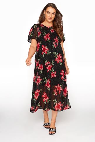 Plus Size Black Shirred Floral Maxi Dress | Yours Clothing