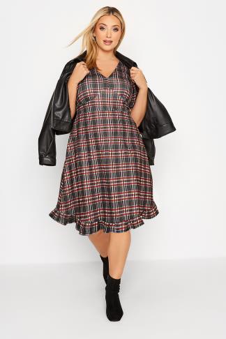 Plus Size Black & Red Check V-Neck Midi Dress | Yours Clothing