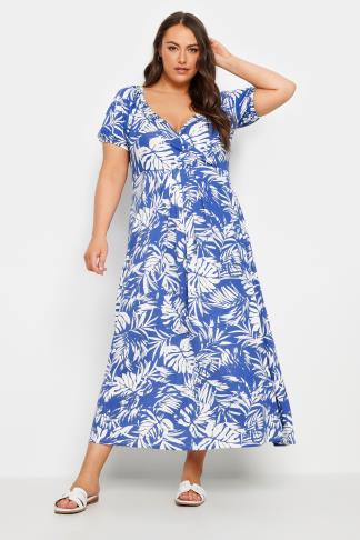 YOURS Plus Size Blue Leaf Print Wrap Dress | Yours Clothing