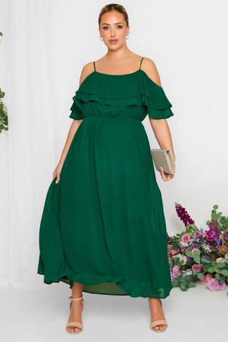 YOURS LONDON Plus Size Forest Green Bardot Ruffle Maxi Dress | Yours ...