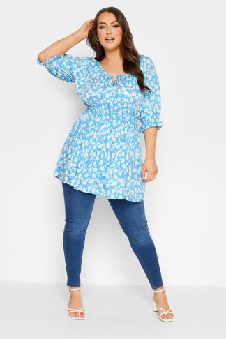 YOURS Plus Size Blue Floral Shirred Tie Front Top | Yours Clothing