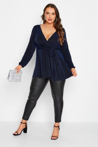 YOURS LONDON Plus Size Cobalt Blue Glitter Wrap Top | Yours Clothing