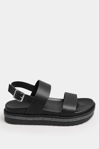 Black Sparkle Flatform Sandals In Extra Wide EEE Fit | Yours Clothing
