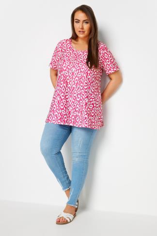 YOURS Plus Size Pink Ikat Print Broderie Anglaise Swing T-Shirt | Yours ...