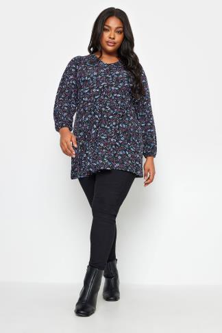 YOURS Plus Size Purple Floral Print Long Sleeve Swing Top | Yours Clothing