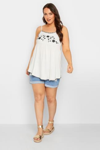 YOURS Curve Plus Size White Embroidered Flower Swing Vest Top | Yours ...