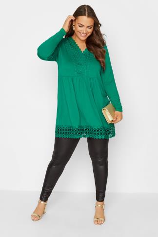 Plus Size Green Crochet Trim Long Sleeve Tunic Top | Yours Clothing