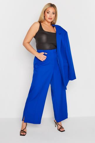 Plus Size Cobalt Blue Split Hem Flared Trousers | Yours Clothing