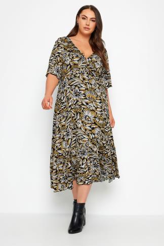 YOURS Plus Size Black & Yellow Floral Print Midi Wrap Dress | Yours ...