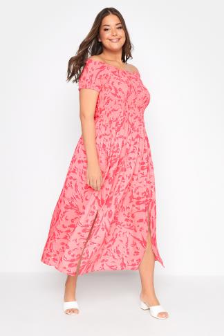 Plus Size Pink Animal Print Shirred Bardot Midaxi Dress | Yours Clothing