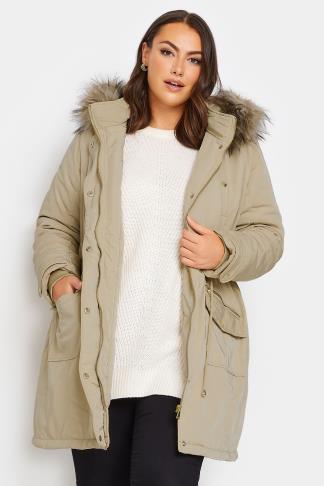 Plus Size Natural Brown Plush Fur Trim Parka Coat | Yours Clothing