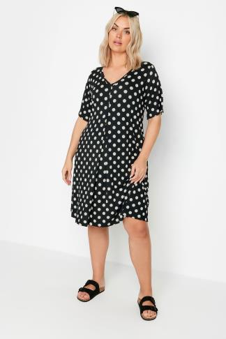 YOURS Plus Size Black Polka Dot Pleat Front Dress | Yours Clothing