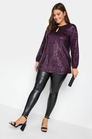 YOURS LONDON Plus Size Purple Sequin Keyhole Long Sleeve Top | Yours ...