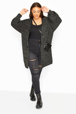 Charcoal Grey Oversized Balloon Sleeve Knitted Cardigan | Yours Clothing