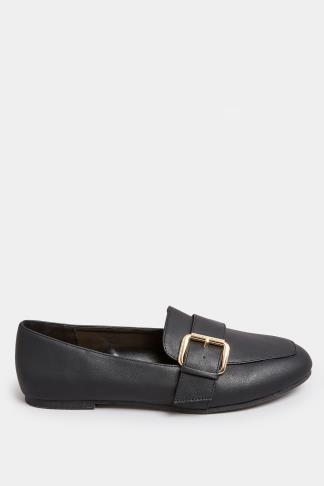 Black Buckle Faux Leather Loafers In Wide E Fit & Extra Wide EEE Fit ...