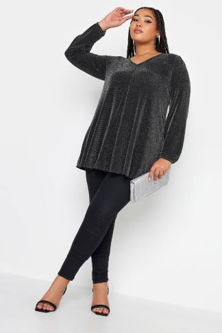 YOURS Curve Black & Silver Balloon Sleeve Top | Yours Clothing