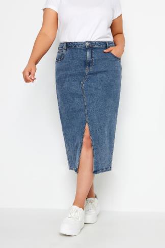 YOURS Plus Size Blue Midi Stretch Denim Skirt | Yours Clothing